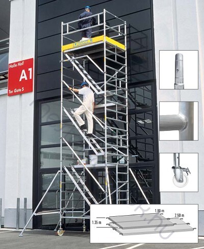 Zarges Multitower 2DT Z600 Lépcsőfeljárós gurulóállvány kitámasztókkal 2.50x1.35m Széles állványméret 200mm-es állítható fékezhető kerékkel - 4.5 m munkamagasság